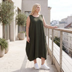 Damen Kleid Lagenlook Lyocell Khaki, Ballonschnitt, Flügeltaschen, Oversize große Größen – AKH Premium
