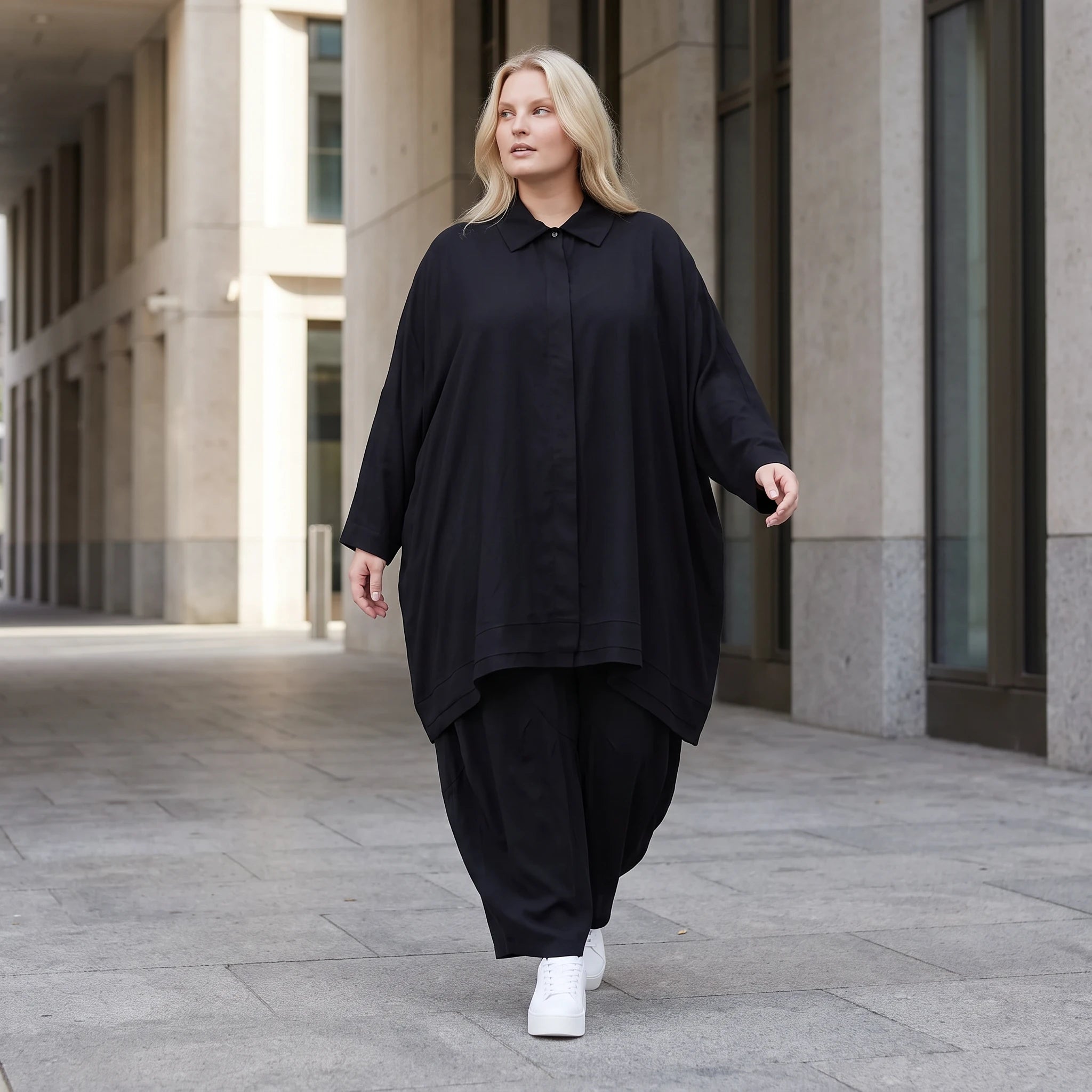 Damen Bluse Lagenlook Lyocell Schwarz, A-Linie, Knopfleiste, Oversize große Größen – AKH Premium