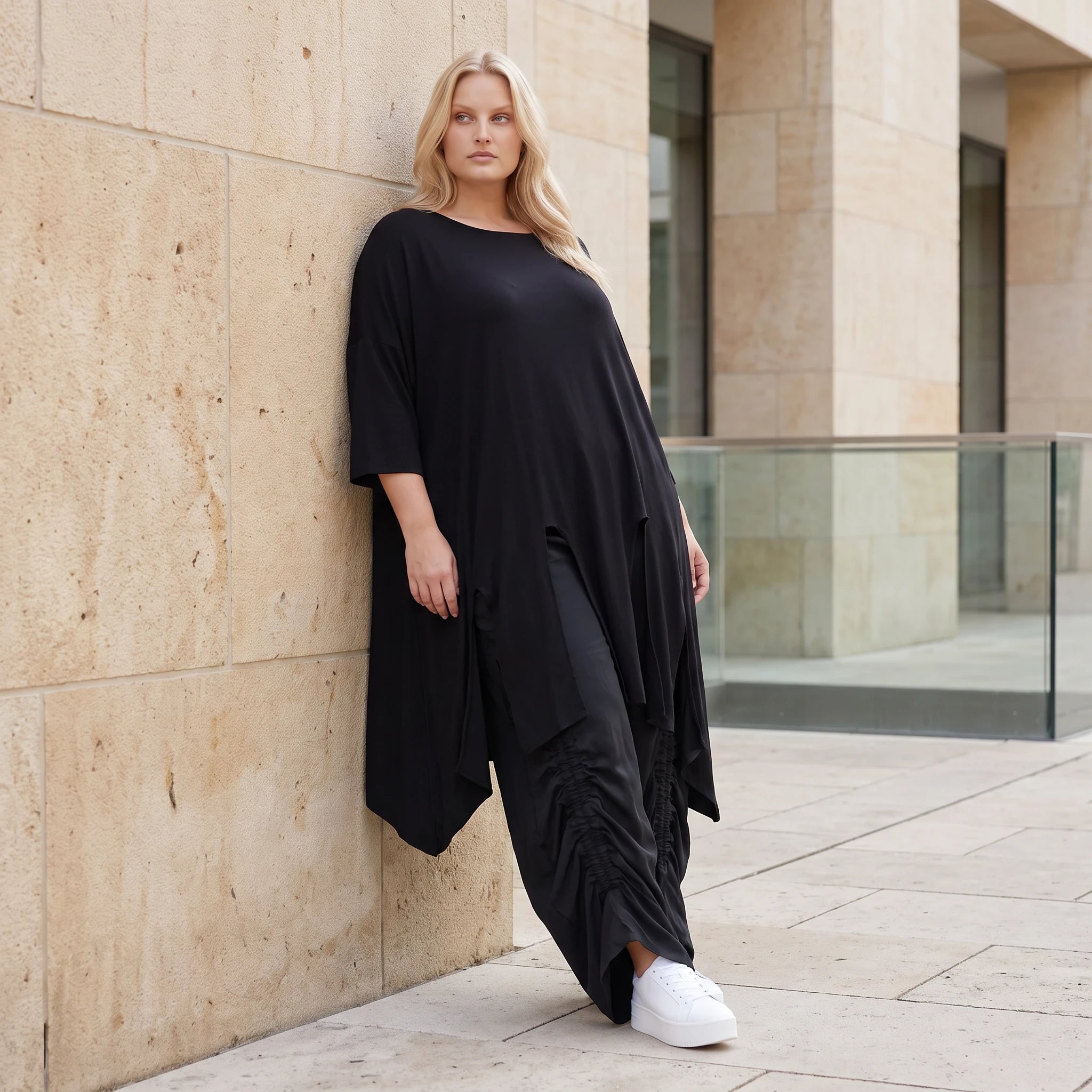 Damen Shirt Lagenlook Lyocell Schwarz, A-Linie, Oversize große Größen – AKH Premium