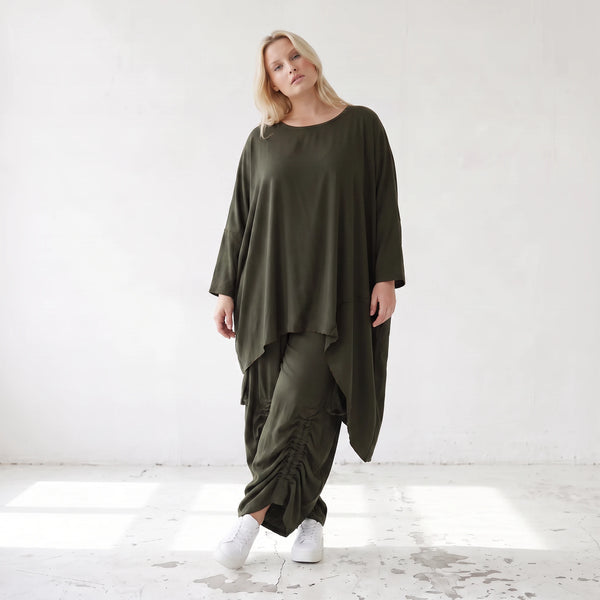 Damen Shirt Lagenlook Lyocell Khaki, gerader Schnitt, Oversize große Größen – AKH Premium