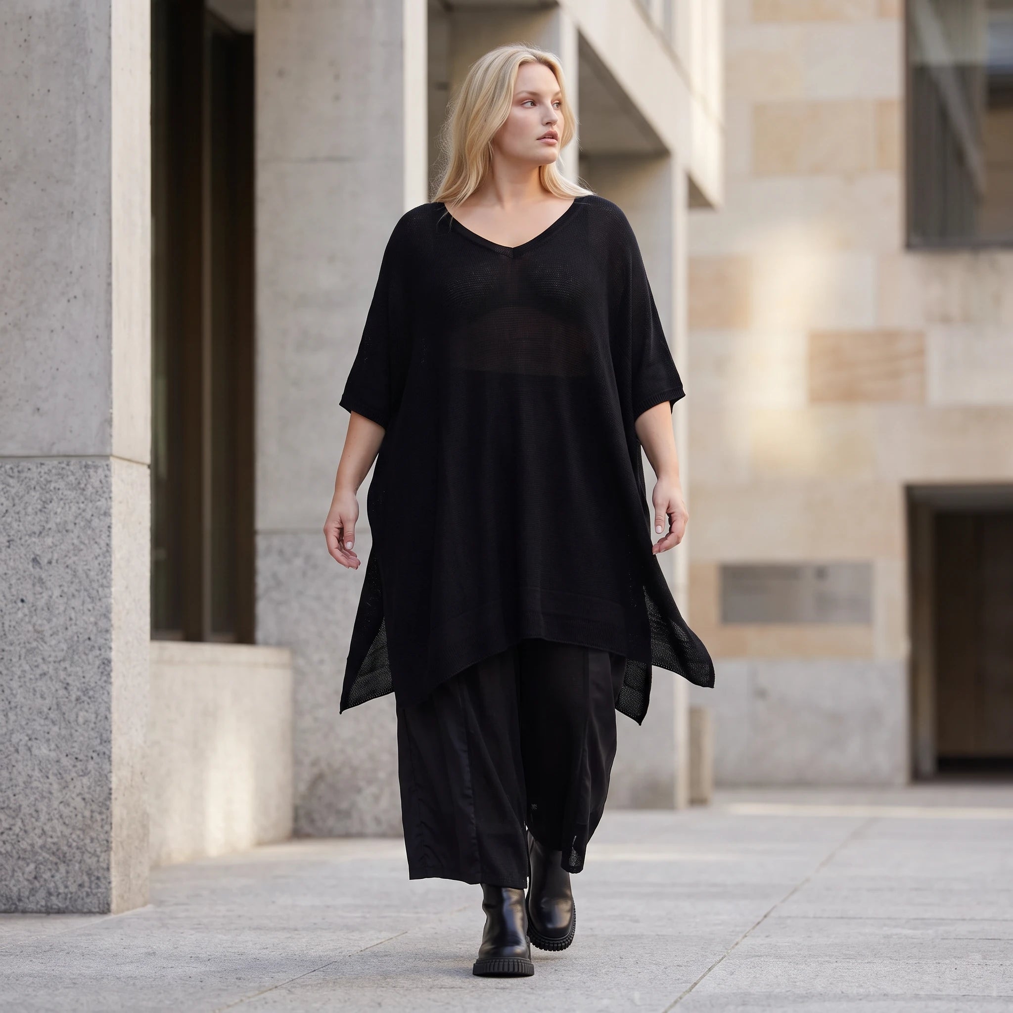 Damen Shirt Lagenlook Baumwolle Schwarz, A-Form, Langarm, V-Ausschnitt, Oversize große Größen – AKH Premium