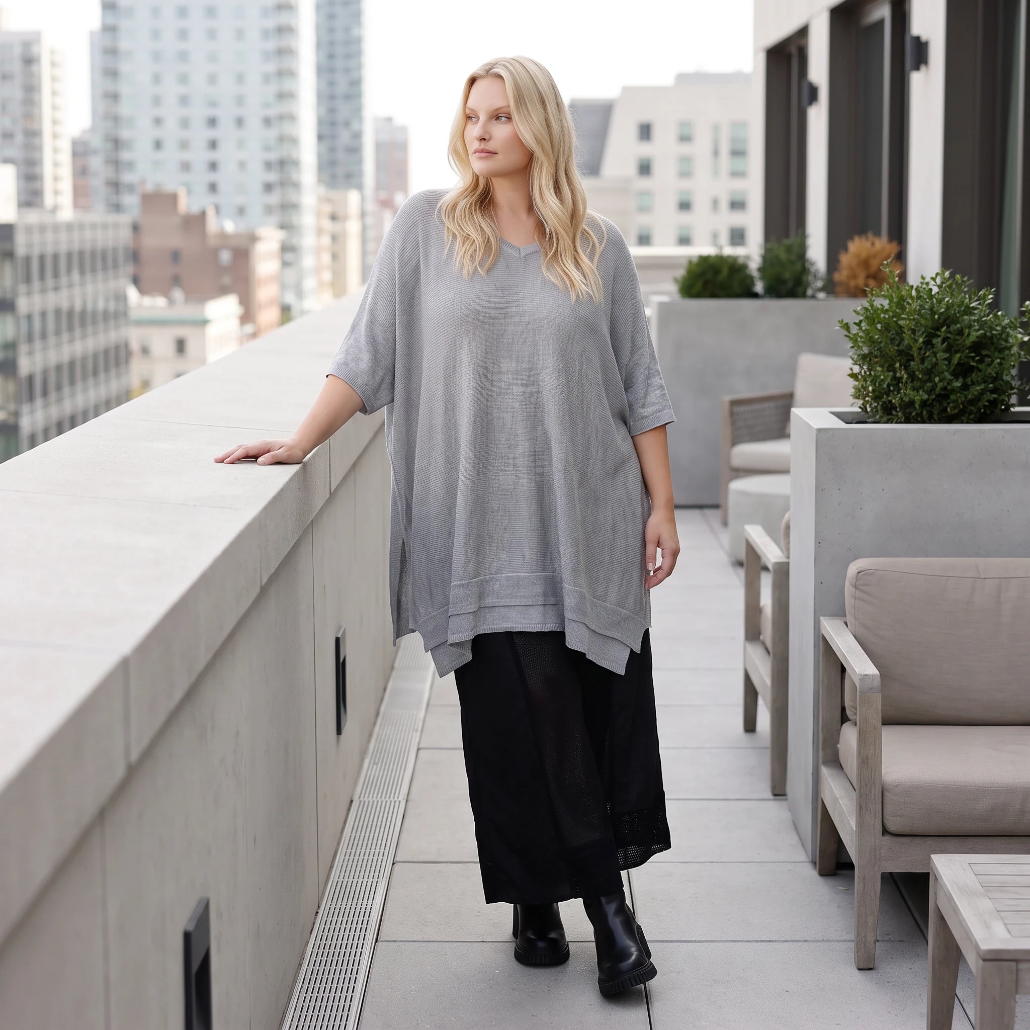 Damen Shirt Lagenlook Baumwolle Grau, A-Form, Langarm, V-Ausschnitt, Oversize große Größen – AKH Premium