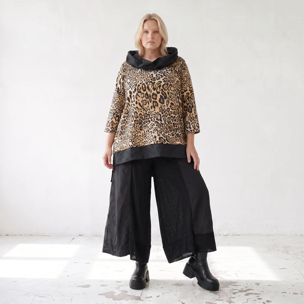 Damen Shirt Lagenlook Viskose Schwarz/Braun, asymmetrisch, Langarm, Kapuze, Oversize große Größen – AKH Premium