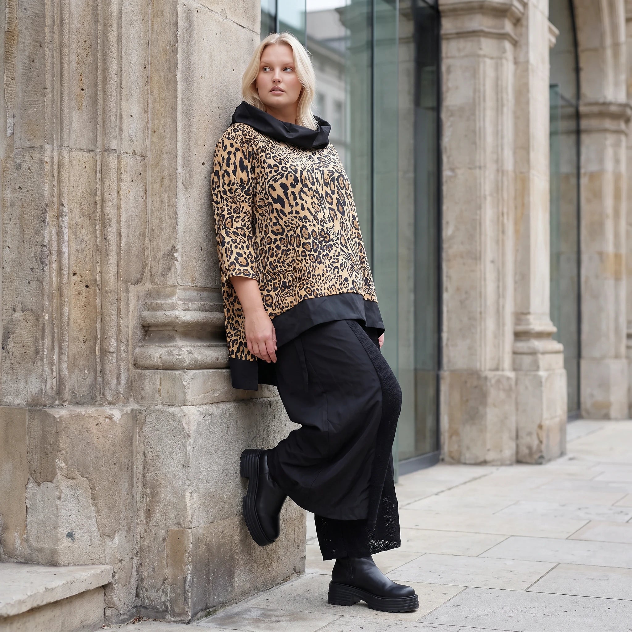 Damen Shirt Lagenlook Viskose Schwarz/Braun, asymmetrisch, Langarm, Kapuze, Oversize große Größen – AKH Premium