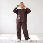 Braunes French Terry Shirt mit Smileyprint Tasche Rundhals weich gerundete Form 7/8-Arm