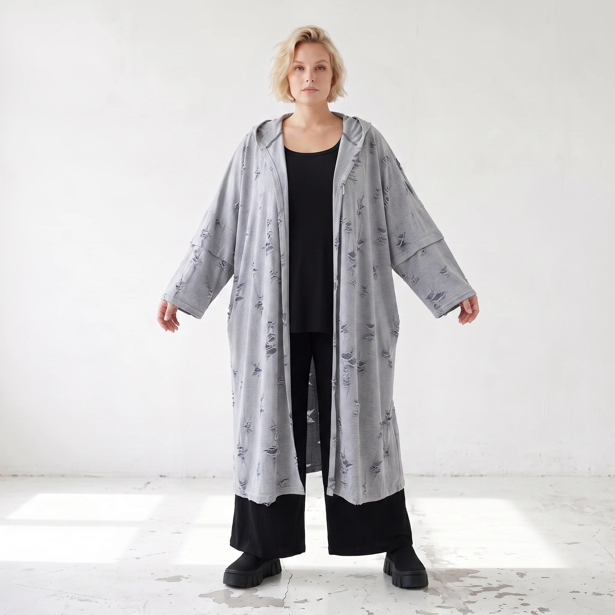 Jerseycardigan in Dusty Grey mit Kapuze aus Baumwolle und Elasthan mit geradem Schnitt