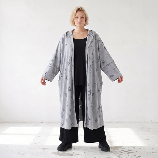 Jerseycardigan in Dusty Grey mit Kapuze aus Baumwolle und Elasthan mit geradem Schnitt