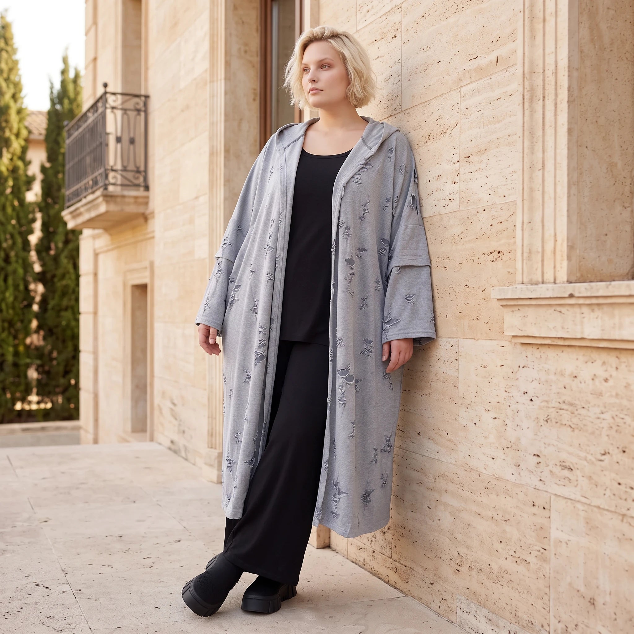 Jerseycardigan in Dusty Grey mit Kapuze aus Baumwolle und Elasthan mit geradem Schnitt