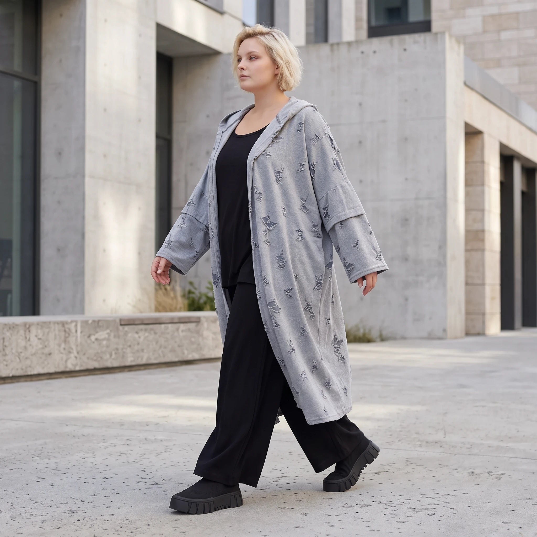 Jerseycardigan in Dusty Grey mit Kapuze aus Baumwolle und Elasthan mit geradem Schnitt