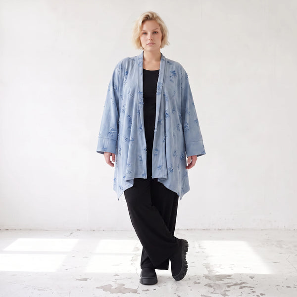 Jeansblauer Jersey Cardigan in A-Linie mit Sternenprint im Destroyed-Look offen locker