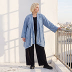 Jeansblauer Jersey Cardigan in A-Linie mit Sternenprint im Destroyed-Look offen locker