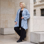 Jeansblauer Jersey Cardigan in A-Linie mit Sternenprint im Destroyed-Look offen locker