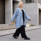 Jeansblauer Jersey Cardigan in A-Linie mit Sternenprint im Destroyed-Look offen locker