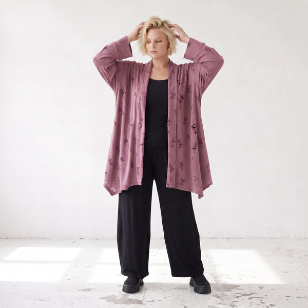 Weinroter Cardigan in A-Linie mit U-Ausschnitt Sternenmotiv im Destroyedlook Taschen