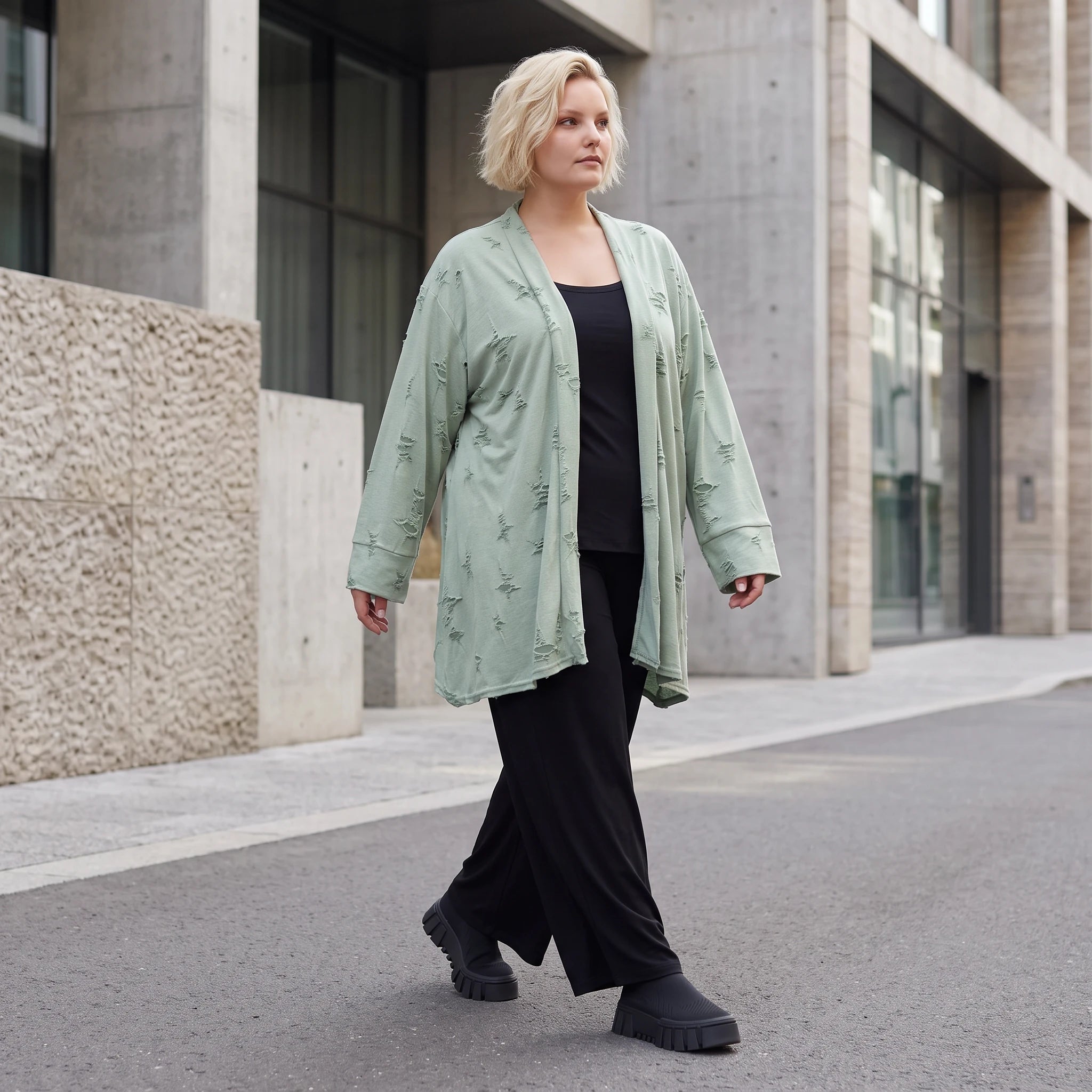 Pistaziengrüner Jerseycardigan in A-Linie mit Sternenmotiv aus Baumwolle und Elasthan
