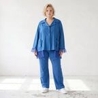 Royalblaue Schlupfhose mit geradem Bein elastisch mit Zierklappen und sichtbarer Naht