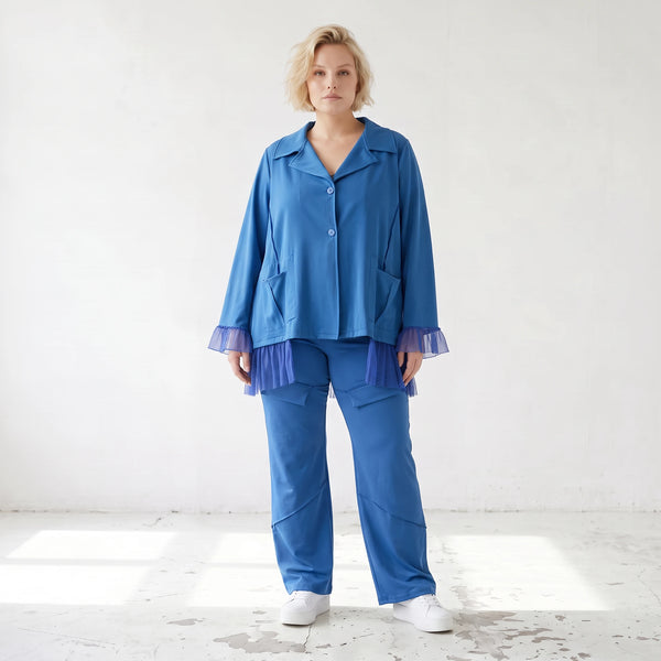 Royalblaue Schlupfhose mit geradem Bein elastisch mit Zierklappen und sichtbarer Naht