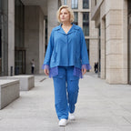 Royalblaue Schlupfhose mit geradem Bein elastisch mit Zierklappen und sichtbarer Naht
