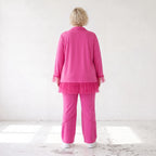 Fuchsia Travellerbluse mit Tüllbesatz und Overlocknaht leichte knitterarme Hemdbluse