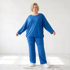 Royalblaues Langarmshirt in Travellerqualität mit Stretch kastigem Schnitt und Tunnelzug