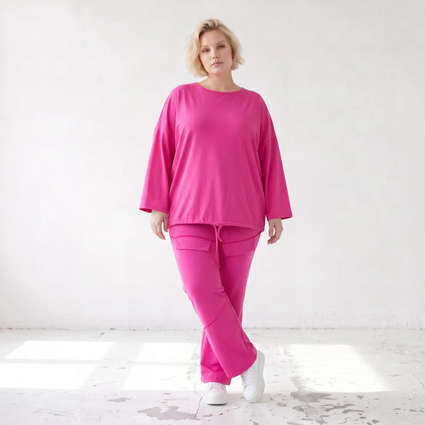 Langarmshirt in Fuchsia aus Travellerstoff mit Stretch kastig geschnitten mit Tunnelzug