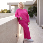 Langarmshirt in Fuchsia aus Travellerstoff mit Stretch kastig geschnitten mit Tunnelzug