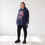 Dunkelblaues Kapuzensweatshirt mit Leoprint aus French Terry mit gerader Silhouette