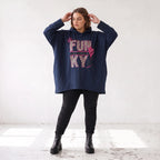 Dunkelblaues Kapuzensweatshirt mit Leoprint aus French Terry mit gerader Silhouette