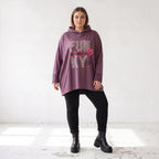 Fliederner Kapuzenpullover mit Leoprint aus French Terry mit Stretch und Seitentaschen