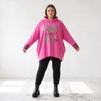 Pinke Leoprint Kapuzensweatjacke aus Baumwollmix mit French Terry und verlängertem Rücken