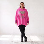 Pinke Leoprint Kapuzensweatjacke aus Baumwollmix mit French Terry und verlängertem Rücken