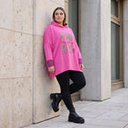 Pinke Leoprint Kapuzensweatjacke aus Baumwollmix mit French Terry und verlängertem Rücken