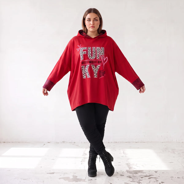 Roter Kapuzenpullover aus French Terry mit Leoprint Seitentaschen und Vokuhilasaum