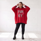 Roter Kapuzenpullover aus French Terry mit Leoprint Seitentaschen und Vokuhilasaum