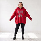 Roter Kapuzenpullover aus French Terry mit Leoprint Seitentaschen und Vokuhilasaum