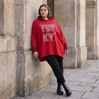 Roter Kapuzenpullover aus French Terry mit Leoprint Seitentaschen und Vokuhilasaum