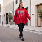 Roter Kapuzenpullover aus French Terry mit Leoprint Seitentaschen und Vokuhilasaum
