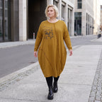 French Terry Kleid in OldCamel mit Elasthan in Ballonform locker weich Made in Italy