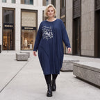 Kleid in verwaschenem Blau aus French Terry mit Ballonform Rundhals und Seitentaschen