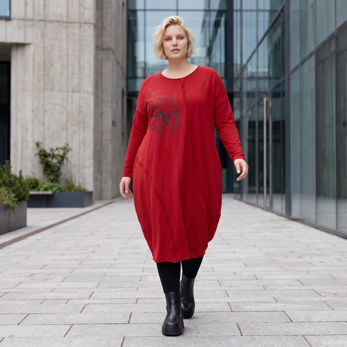 Altrotes French Terry Kleid in Ballonform mit Faltennahtmusterung und Seitentaschen