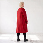 Altrotes French Terry Kleid in Ballonform mit Faltennahtmusterung und Seitentaschen