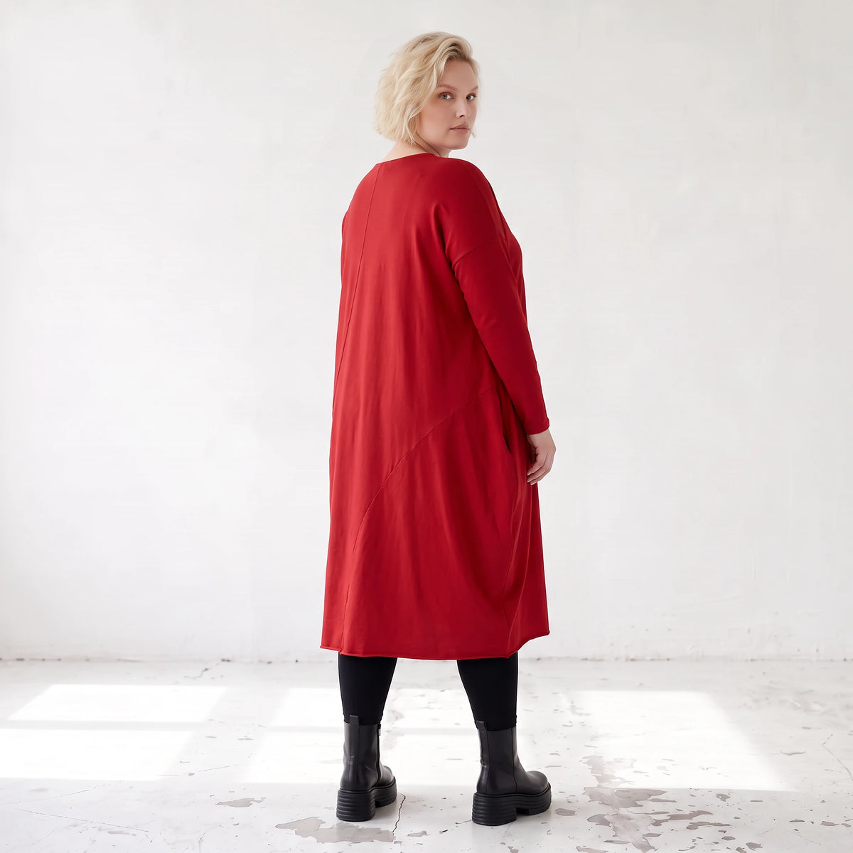 Altrotes French Terry Kleid in Ballonform mit Faltennahtmusterung und Seitentaschen