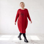 Altrotes French Terry Kleid in Ballonform mit Faltennahtmusterung und Seitentaschen