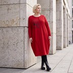 Altrotes French Terry Kleid in Ballonform mit Faltennahtmusterung und Seitentaschen