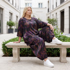 Bigshirt in A-Linie aus Satin mit Schwarz/Violett/Braun Print Rundhals und 7/8-Arm
