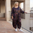 Bigshirt in A-Linie aus Satin mit Schwarz/Violett/Braun Print Rundhals und 7/8-Arm