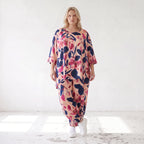 Satinshirt in Rose/Blau/Pink mit floralem Print in A-Linie fließend und weich fallend