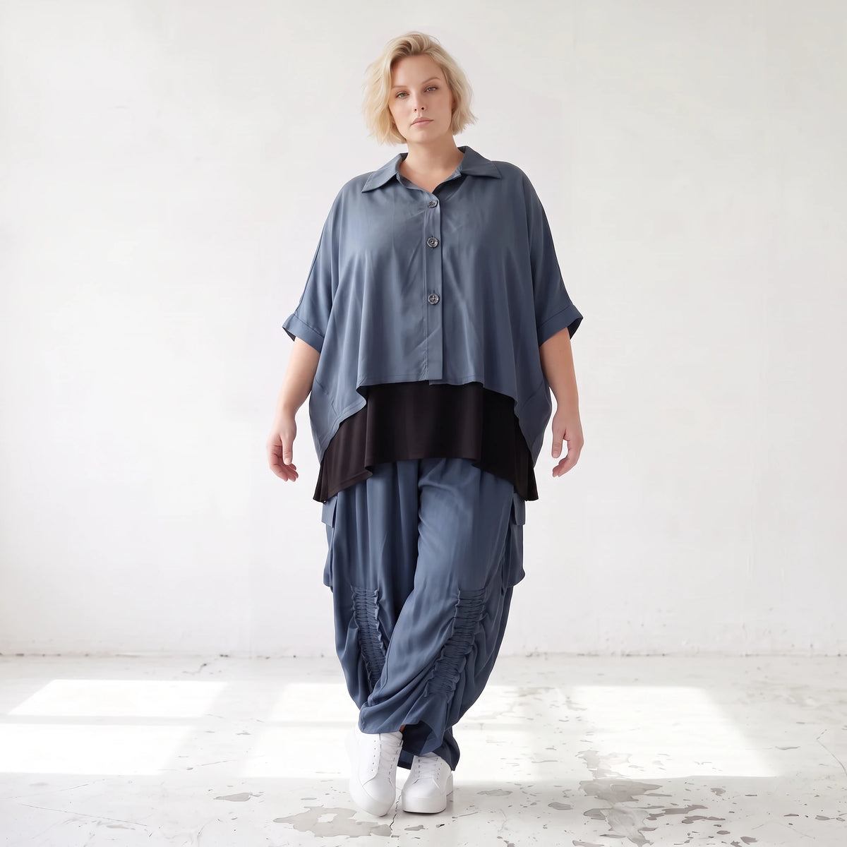 Petrol Bluse aus Lyocelltwill mit Hemdkragen Knopfleiste Rundsaum und 3/4-Arm leicht