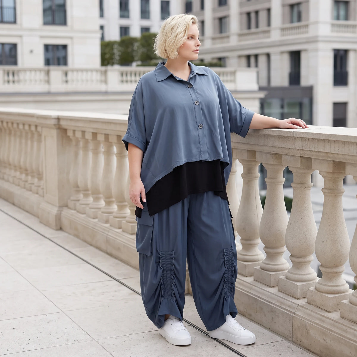 Petrol Bluse aus Lyocelltwill mit Hemdkragen Knopfleiste Rundsaum und 3/4-Arm leicht