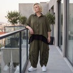 Khaki Lyocellbluse aus weichem Twill mit Hemdkragen gerundetem Schnitt und 3/4-Arm